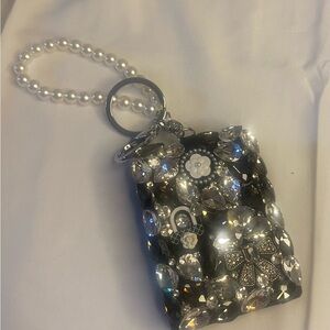 Embellished Crystal Keychain Wristlet - & double sided mirror Black and Clear